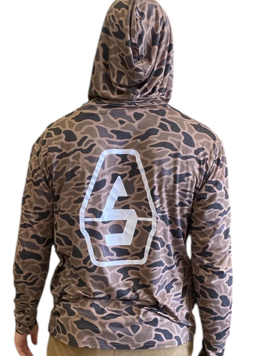 AirStryk performance hoodie in camo with the outline badge